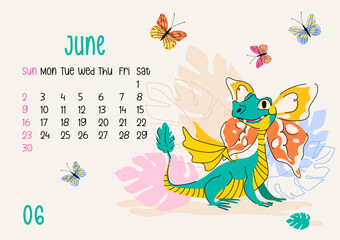 Horizontal calendar page for June 2024 with daisy butterfly dragon. Isolated on beige background. The symbol of the year of dragon. Week starts on Sunday. Vector illustration flat cartoon creature