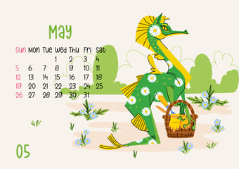 Horizontal calendar page for May 2024 with daisy green dragon. Isolated on beige background. The symbol of the year of dragon. Week starts on Sunday. Vector flat cartoon style illustration
