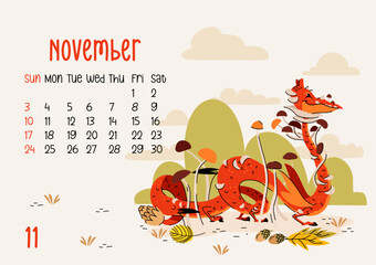 Horizontal calendar page for November 2024 with mushroom dragon. Isolated on beige background. The symbol of the year of dragon. Week starts on Sunday. Vector illustration flat cartoon style