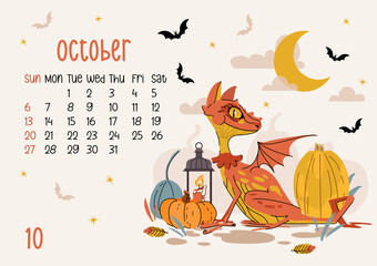 Horizontal calendar page for October 2024 with Halloween dragon. The symbol of the year of dragon. Week starts on Sunday. Vector illustration flat cartoon creature