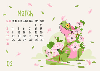 Horizontal calendar page for march 2024 with sakura dragon. Isolated on beige background. The symbol of the year of dragon. Week starts on Sunday. Vector illustration flat cartoon character