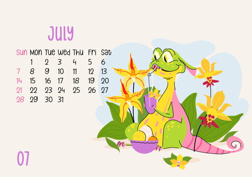 Horizontal calendar page for July 2024 with orchid green dragon. The symbol of the year of dragon. Week starts on Sunday. Vector illustration flat cartoon creature