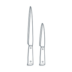 Dishes A set of kitchen knives. Line art.