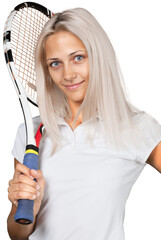 Young woman tennis player carrying her racket isolated on white