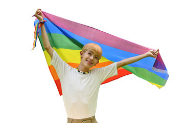 Portrait with LGBT Asian teenage boy holding the rainbow flag, isolated on the white background.