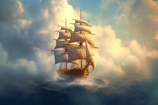 vintage tall ship on water in clouds, magical painting made with generative ai