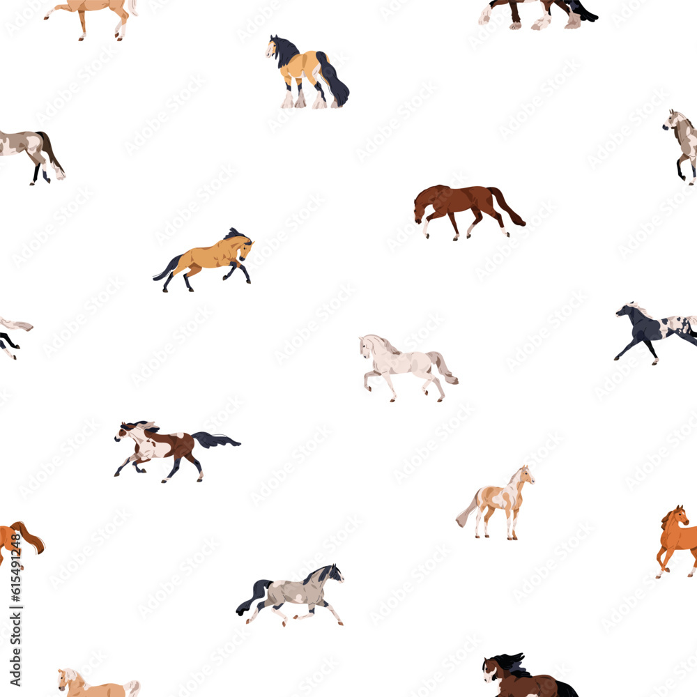 Poster horses of different breeds, seamless pattern. endless background, texture design with stallions. equ