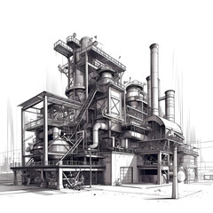Black and white factory, industrial, ilustration, archtecture