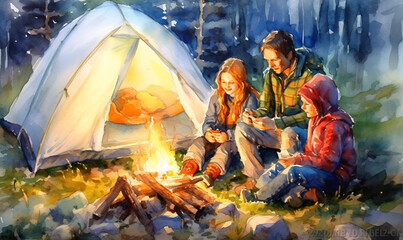 Family by the camp fire in watercolor, father, son, children, daughter, camping