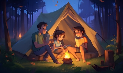 Family camping at night, forest, camp fire, trees, wilderness