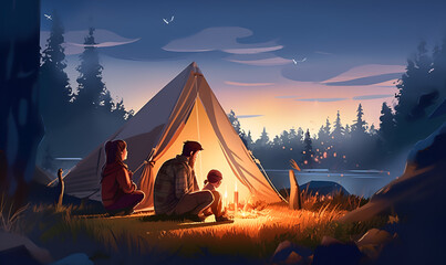 Family camping in the sunset ilustration, father, son, children, daugther,camp fire