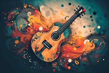 Abstract background illustration of a acoustic guitar with grunge noise and colorful texture. Music industry theme. Generative AI