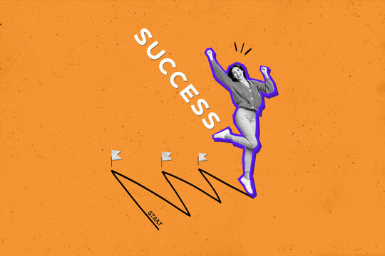 Collage picture of delighted black white effect girl raise fists attainment success path target flags ups downs isolated on orange background