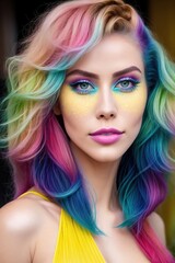 Close up face portrait of LGBTQ girl with colored hair, pride month rainbow flag colors