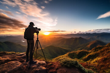 Photo of cameraman taking mountain landscape photo during sunset AI generated