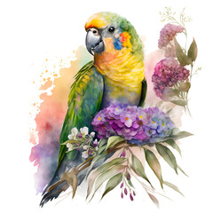 Illustration Watercolor cute tropical colorful macaw parrot. Generative AI, png image.