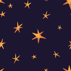 Shining stars, seamless pattern. Starry endless background, repeating print for decoration. Night sky with glowing sparkles texture design. Flat vector illustration for wallpaper, package, fabric