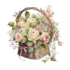 Illustration Watercolor basket with pink roses. Generative AI, png image.