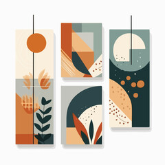 Abstract posters. Botanical banner with geometric shapes, leaves, branch and plants. Set of vector illustrations. Modern painting for interior