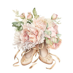 Illustration Watercolor beige ballerina pointe shoes with pink flowers Generative AI png image.