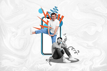 Creative collage image of two guys huge smart phone screen good mood dancing melancholy unsatisfied...