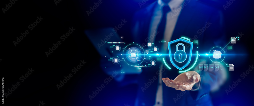 Poster smart protection against digital attacks concept.businessman holding internet network security padlo