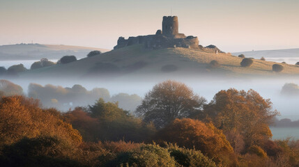 Fototapeta premium aerial view of a castle like Brentor Church in the morning with fog under the castle. Generative AI