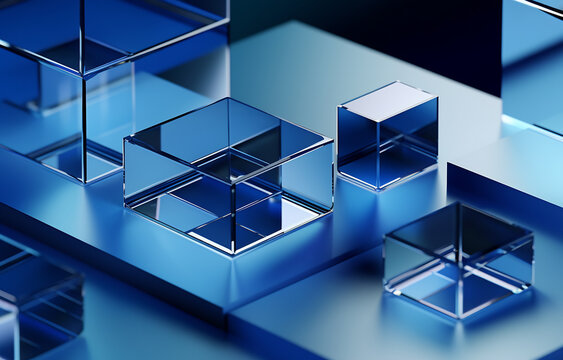 Generative AI image of abstract background of transparent glass blocks in different shapes on blue surface