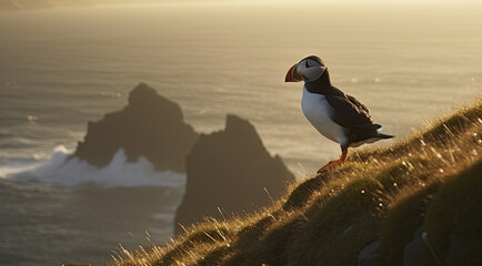 a puffin bird on a cliff with the sea in the background. Generative AI - obrazy, fototapety, plakaty