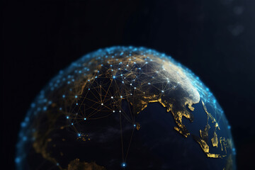 Generative AI illustration of glowing planet with yellow network connecting cities on black background