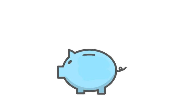 Educational animation of saving, animated coins entering into a cute piggy bank
