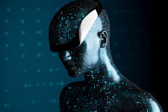 Generative AI futuristic illustration of human face of cyborg character in glowing blue neon colors in virtual reality helmet against blue background