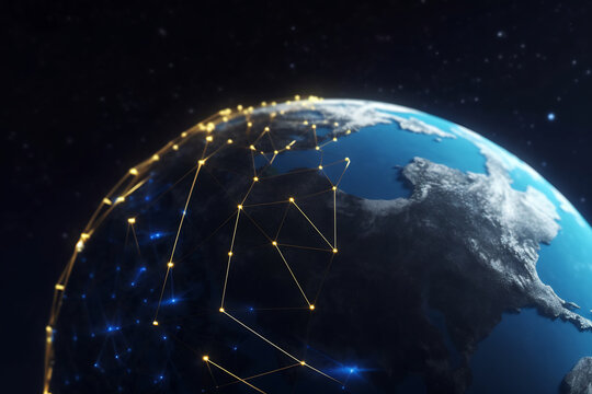 Generative AI illustration of glowing planet with yellow network connecting cities on black background