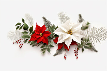 Fir tree twigs and poinsettia flowers edges on simple background with copy space. Generative ai