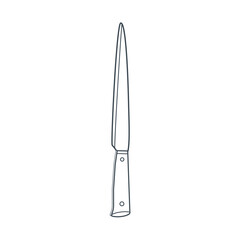 Dishes. A kitchen knife with a long blade. Line art.