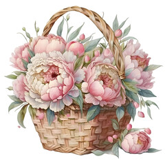 Illustration Watercolor basket with pink peony flowers. Generative AI, png image.