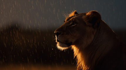 leoa poderosa em lindo por do sol com chuva 