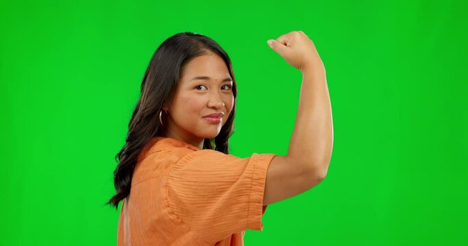 Face, woman and strong arm on green screen in studio isolated on a background mockup. Portrait, flex muscle or Asian person with power, empowerment or pride for strength, gender equality or hard work