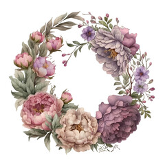 Illustration of a floral wreath with lilac peonies in watercolor. Generative AI, png image.