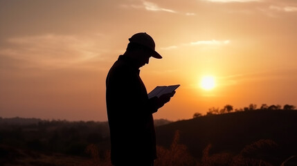 homem em ora&ccedil;&atilde;o ao ar livre com lindo por do sol, f&eacute; crist&atilde; 