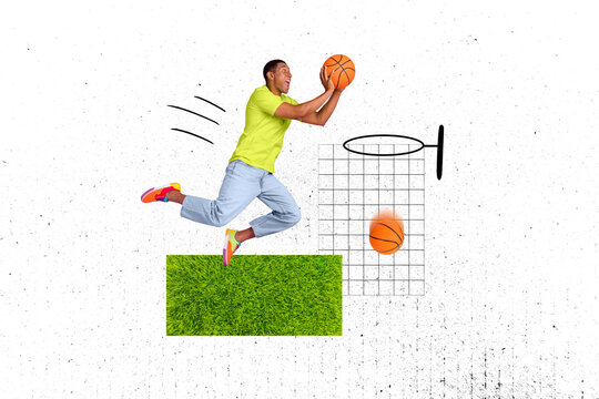 Collage 3d pinup pop retro sketch image of excited guy playing basketball isolated painting background