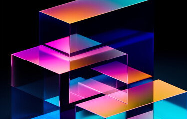 Generative AI abstract illustration of geometric shapes and structures in colorful neon colors and lights in cyberspace against dark background