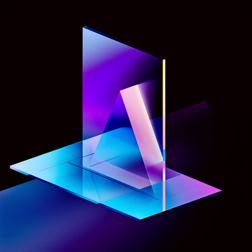 Generative AI abstract illustration of geometric shapes and structures in colorful neon colors and lights in cyberspace against dark background