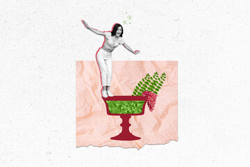 Artwork collage picture of carefree positive mini black white gamma girl stand balancing big wine...