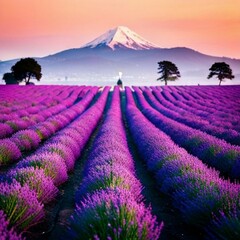 Naklejka na ściany i meble serene landscape with a lavender field and a mountain with a snow-capped peak in the distance, ai generated