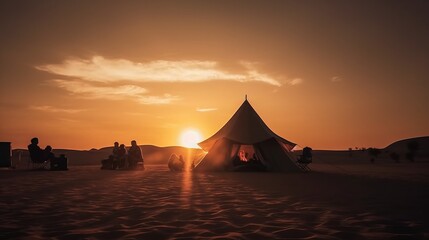 Traveler camp tent in the desert against the backdrop of dunes on sunset sun. AI generated.