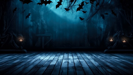 Moonlit wood and city scene Halloween background, in the style of light black and sky-blue.