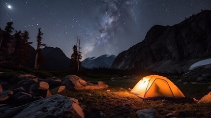 Fototapeta na wymiar Tourist tent wth light inside, camping on the plateau in dark night, mountains peaks background