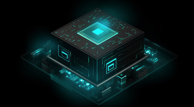 Generative AI abstract illustration of box in cube geometric shape illuminated in blue and green neon colors and lights in dark cyberspace