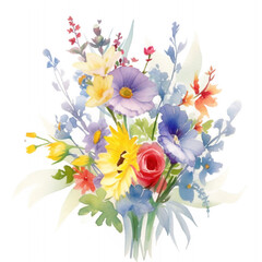 Watercolor bouquet of spring flowers. Graphic illustration. By Generative AI.